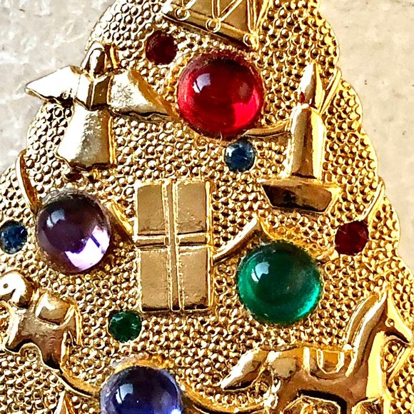 JJ 1986 Christmas Tree Brooch Pin Rhinestones Star Gold Tone Signed - Picture 8 of 14